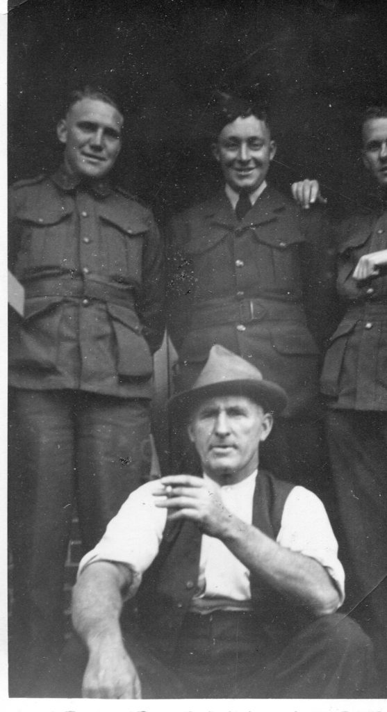 Snow Watt, Bert's cousin, Bert Norton with Uncle George Norton at Woodside. Snow and Bert stayed with Uncle and family when on leave at Woodside.