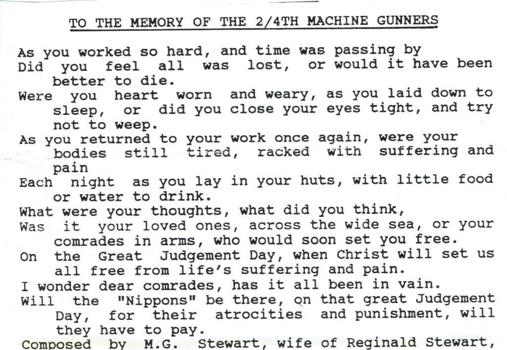 L Cpl Reginald Harry Stewart WX7324 Poem "To the Memory of the 2/4th Machine Gunners" penned by M.G. Stewart, wife of R.H. Stewart