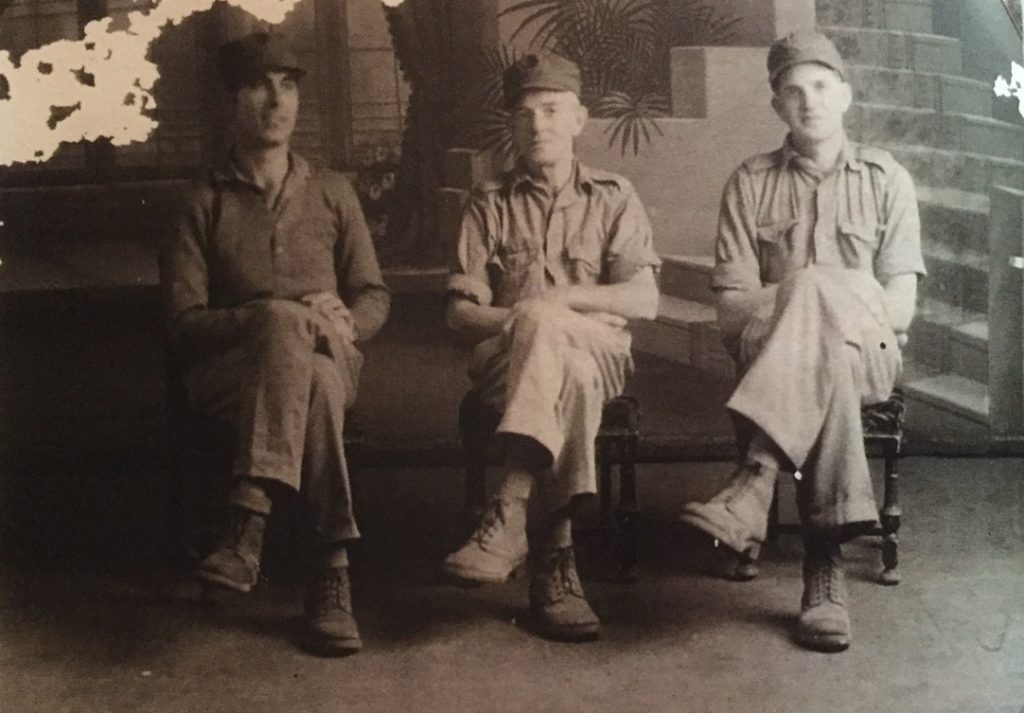 Muckden August 1945 after release, L - R Unknown, 'Tiger' Scott & Jim Clancy