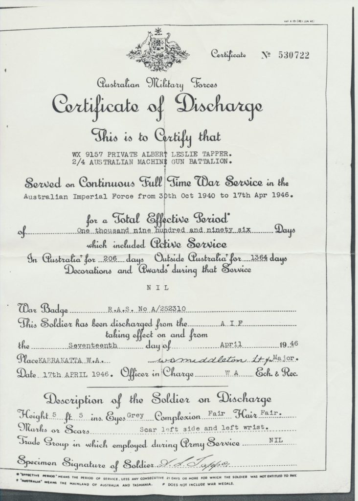 A.L.Tapper, Discharge certificate