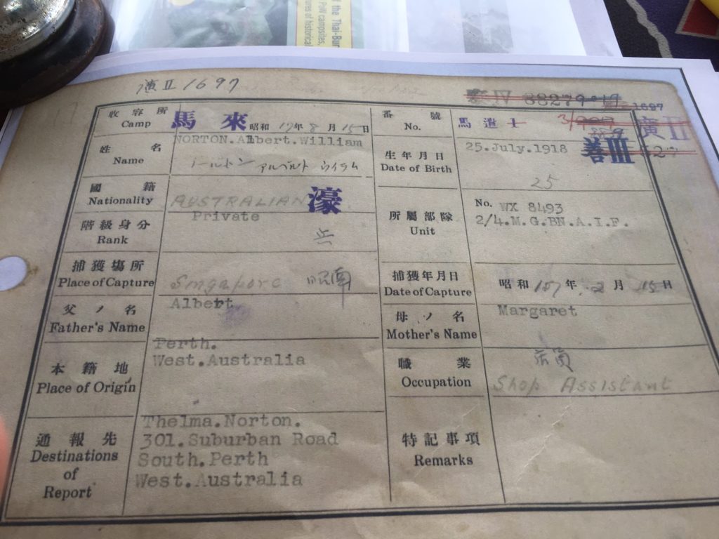 A.W. Norton Index Card1 - record kept by Japanese on A.W. Norton. Only 12 of these cards were returned.Australian Government received them in 2016.