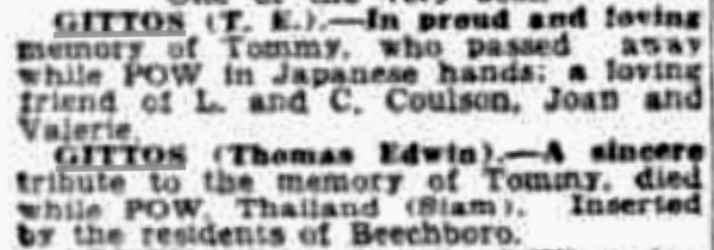 Gittos Thomas death notices 1945