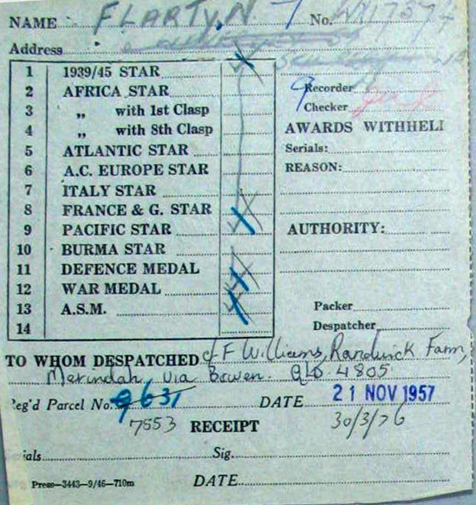 Flarty's receipt for medals in 1957